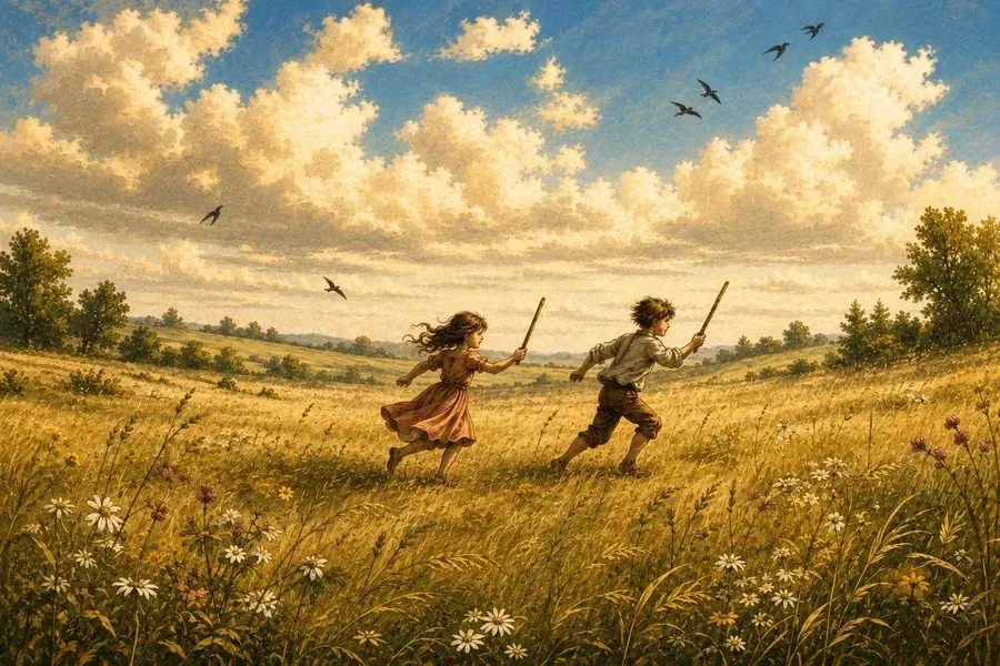 Two little kids running with sticks