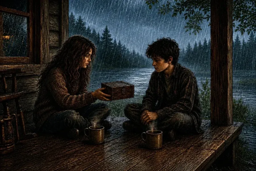Kids sitting on the porch with the box