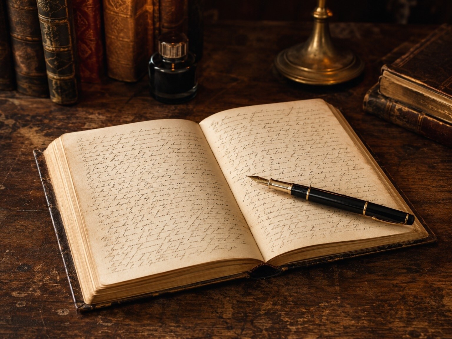 A fountain pen resting over an open handwritten journal.