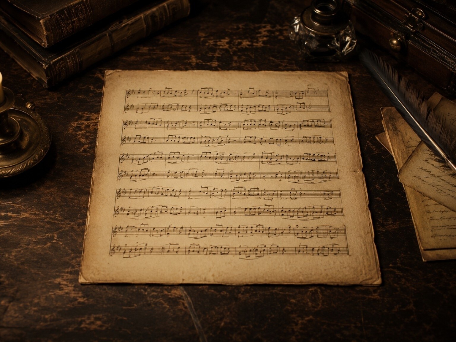 A sheet of old music on an antique desk.